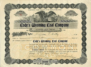 stock certificate issued to and signed by Buffalo Bill Cody 