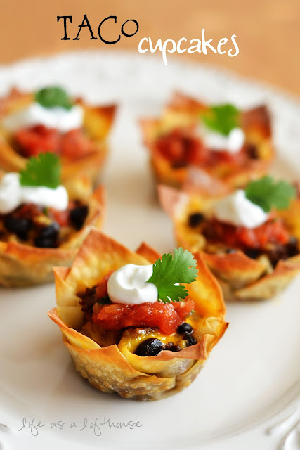 Taco Cupcakes are Wonton wrappers filled with ground beef, beans, cheese and salsa. Life-in-the-Lofthouse.com