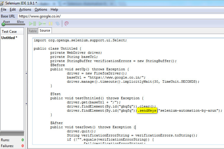 SeleniumByArun 18. Viewing the source code of the steps recorded