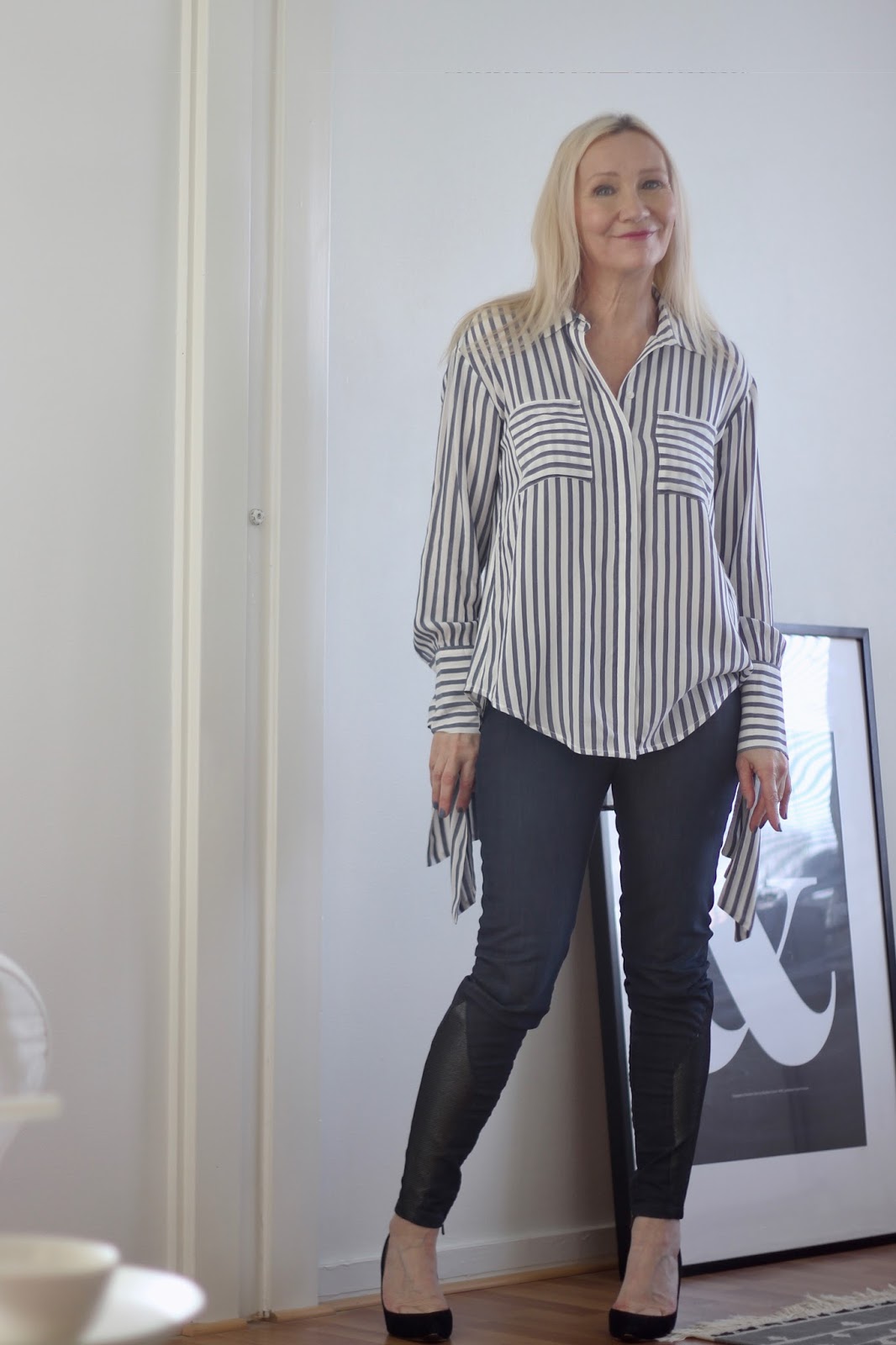 striped blouse, jeans, heels