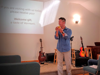 visitors receive maple syrup at Living Hope Wesleyan Church, Waterbury Center, Vermont