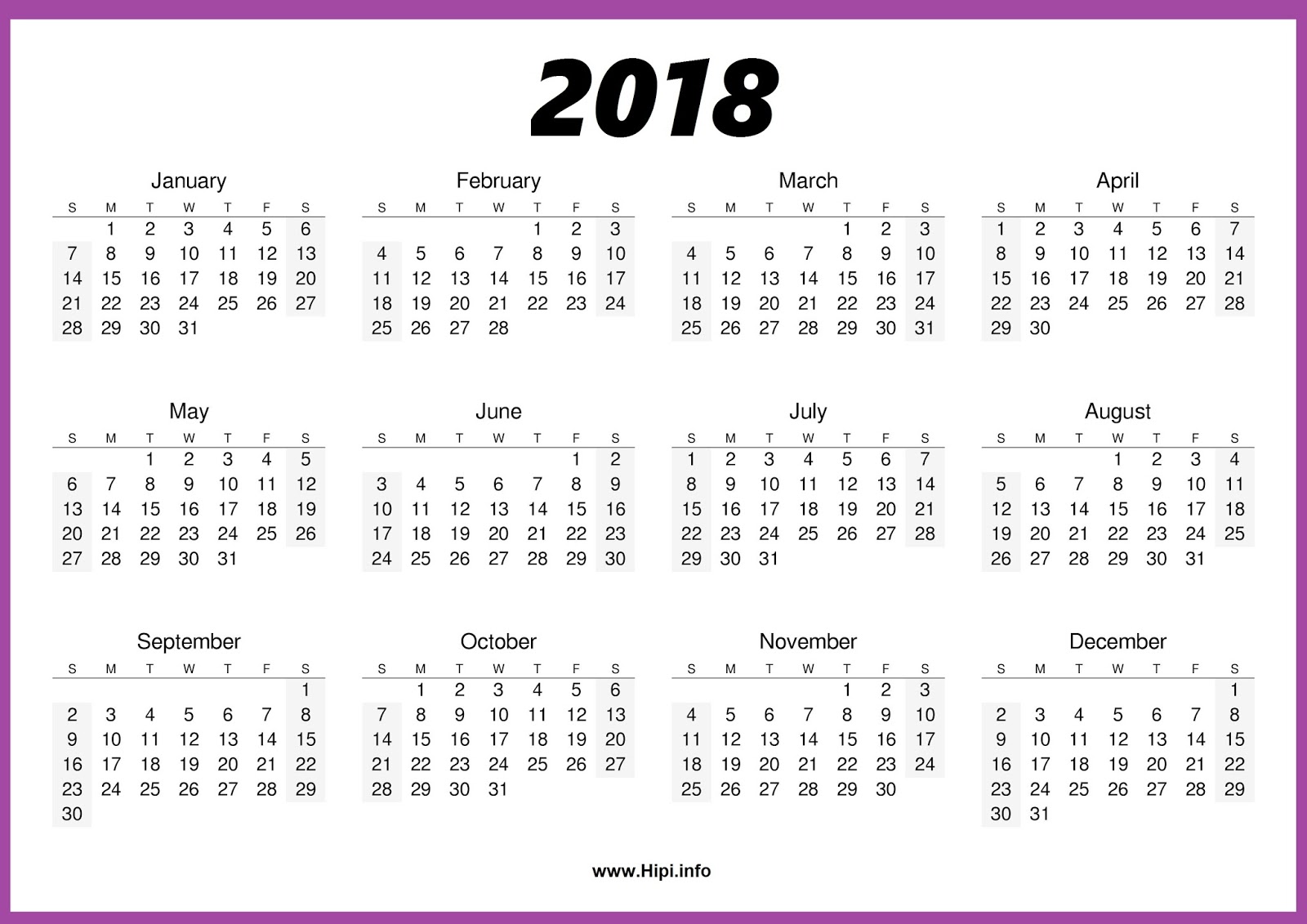 one page calendar 2018