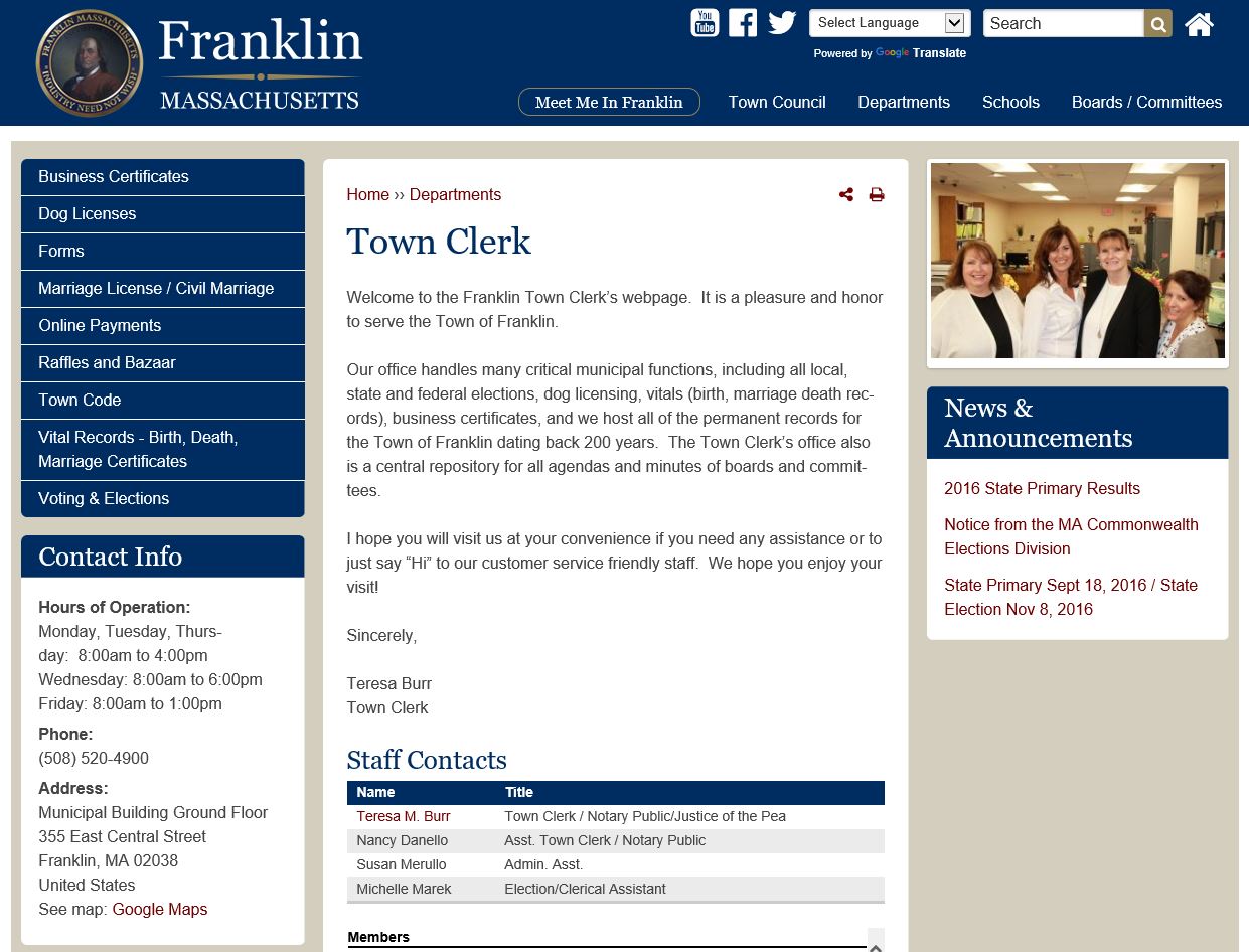 Franklin Matters Town Clerk's Office Closing at 400 PM on June 14