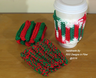  Bright Red and Green Reusable Cup Cozies - Set of 3 - Handmade By Ruth Sandra Sperling at RSS Designs In Fiber
