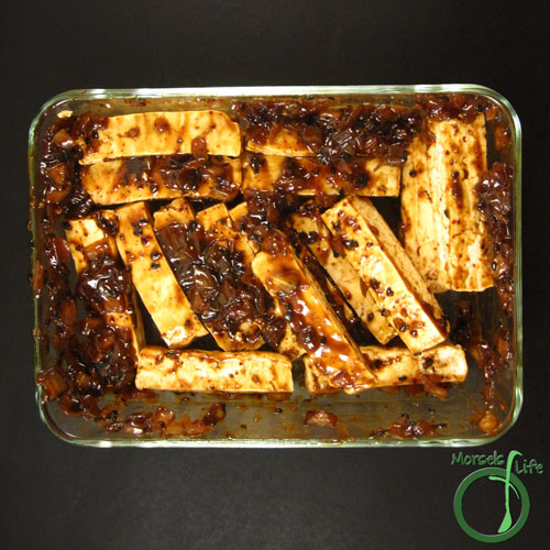 Morsels of Life - BBQ Tofu Sticks Step 2 - Dip/marinate tofu sticks in Hoisin BBQ sauce.