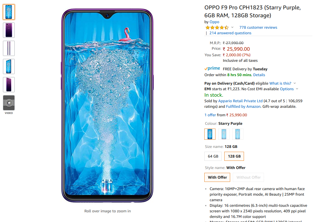 OPPO F9 Pro Offer on Amazon India