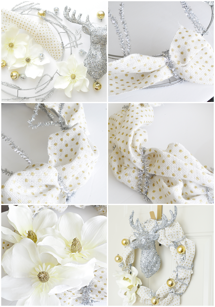An easy and quick DIY glam gold and silver polka dot holiday wreath tutorial. Simple, sparkly and bright. 