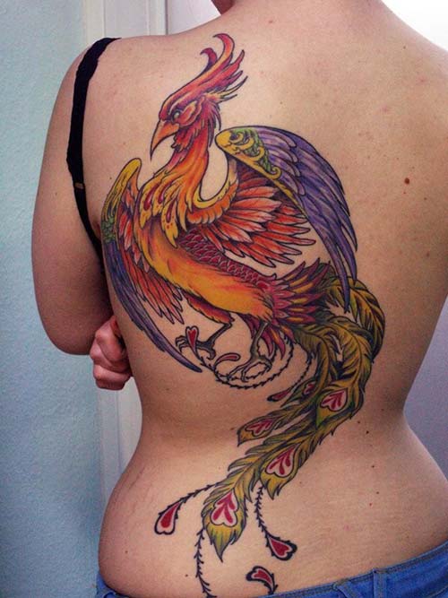 colorful simurg tattoo on back colorful simurg tattoo on back