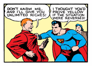 Action Comics (1938) #23 Page 12 Panel 1: Superman threatens Luthor with his own death-ray, and Luthor naturally bargains for his life.