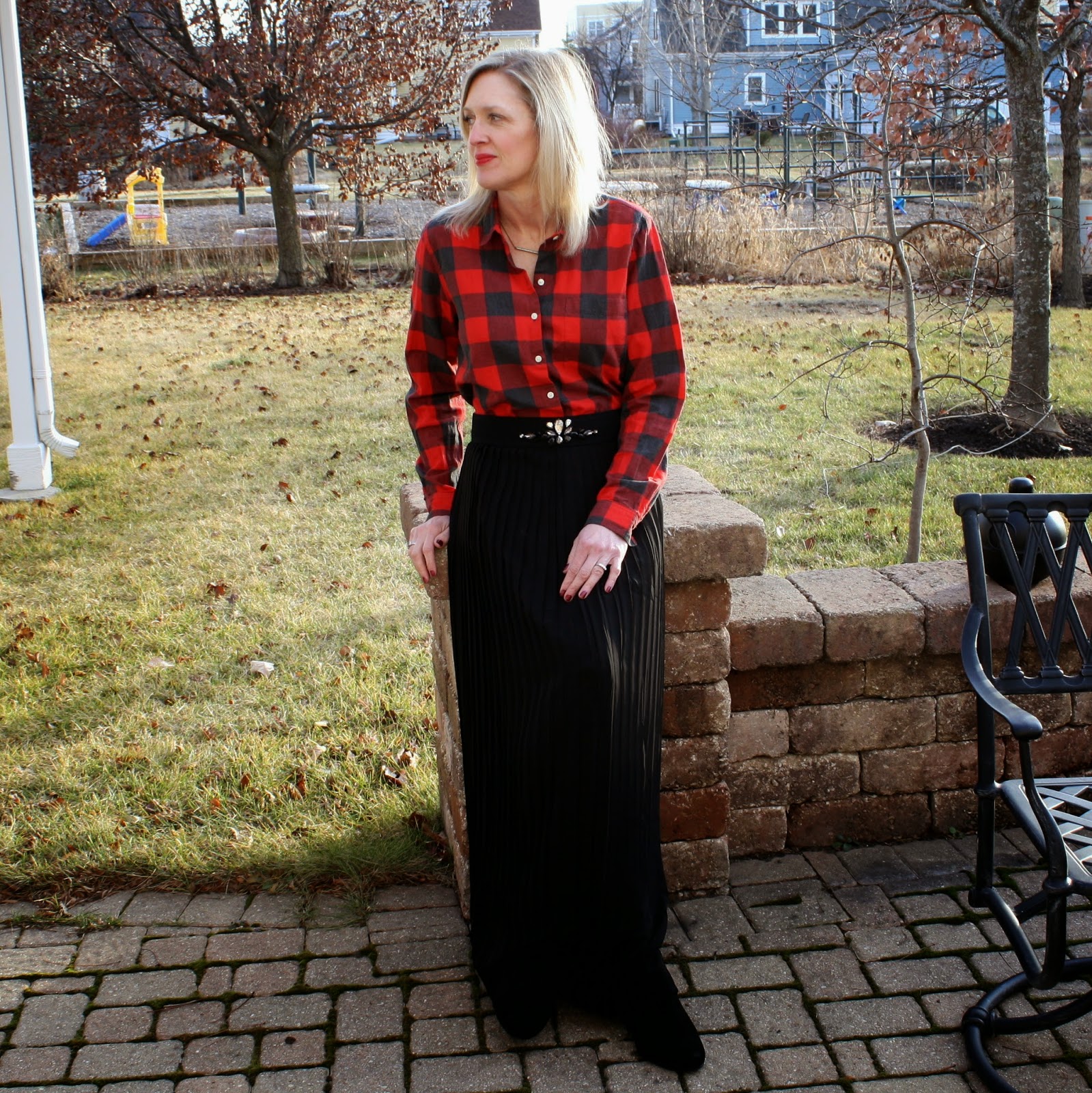 buffalo plaid shirt and pleated maxi skirt