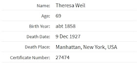 "New York, New York, Extracted Death Index, 1862-1948," database, Ancestry.com (www.ancestry.com : accessed 28 Mar 2019), entry for Theresa Weil, died 9 Dec 1927; citing the Index to New York City Deaths 1862-1948. Indices prepared by the Italian Genealogical Group and the German Genealogy Group.