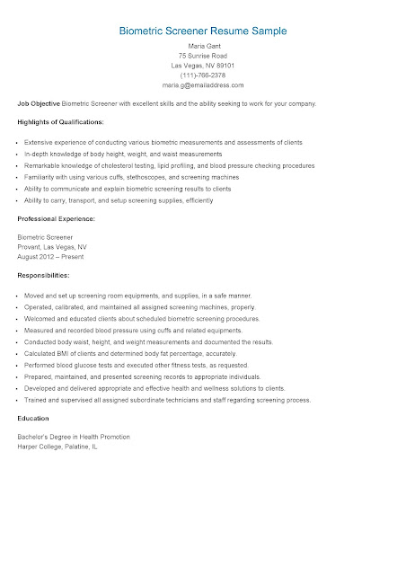 biometric screener resume sample resume samples