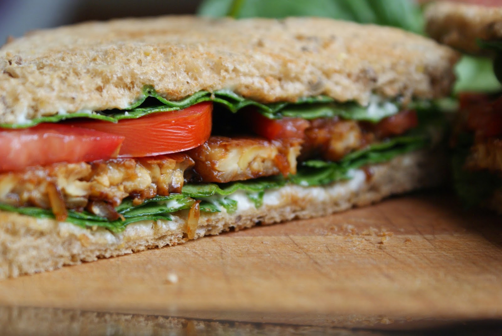 Mostly Plant Based Mama Tempeh, Spinach, and Tomato Sandwich