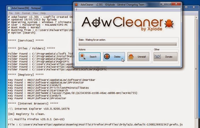proses menghapus adware dengan ADW cleaner