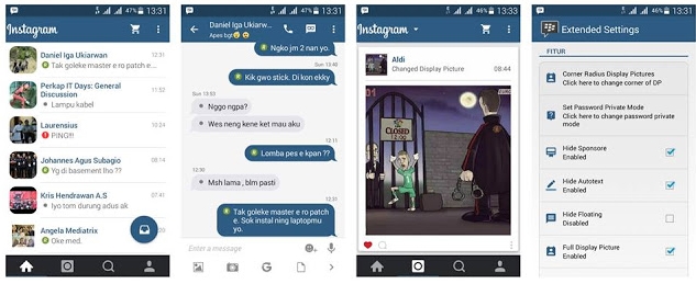 Kumpulan BBM MOD Instagram Apk Semua Versi Terbaru Gratis Fitur bawaan dari BBM Mod Instagram ini secara garis besar tetap sama dengan BBM Mod lainnya yang memiliki seri sama. Tetapi hanya memiliki perbedaan pada tampilannya saja. Yang kita bagikan kali ini merupakan kumpulan dari versi paling lama hingga versi terbaru yang pernah beredar untuk BBM Mog Instagram ini, - BBM29.51_new_Instagram2, - BBM29.51_new_Instagram2_Clone, - BBM Mod Instagram Flat 2.13.1.14 by Erwin Tommy, - BBM Instagram 2.13.1.14 By Richie Evan II, - BBM Instagram 2.12.0.11 by Fendy Manx,