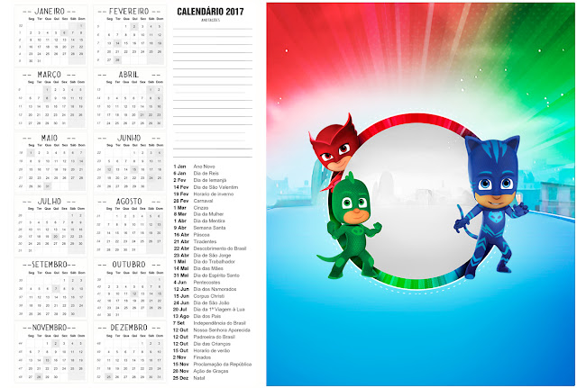 Super Héroes en Pijamas: Imprimibles Gratis para Fiestas. Calendario 2017 para imprimir gratis de Super Héroes en Pijamas.