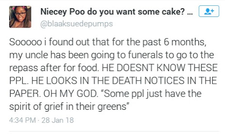 Lady disgusted upon finding out her 50-year-old uncle has been going to funerals of people he doesn