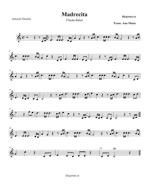 PARTITURA "MADRECITA" de ANTONIO MACHÍN - FLAUTA DULCE o De Pico - Tonalidad más fácil - sheet music for flute 