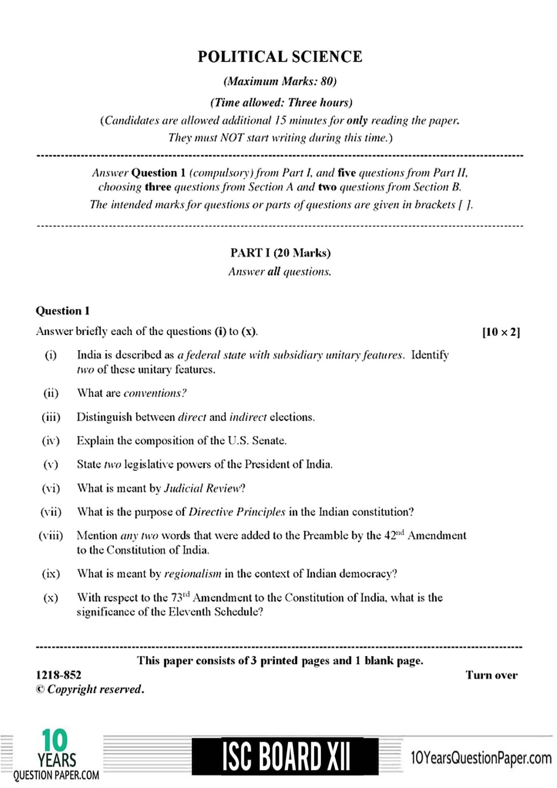 ISC 2018 Political Science board question paper for Class XII ISC Board 2018 class 12th Political Science question paper Download PDF