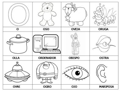 Laminas con dibujos para aprender palabras y colorear con letra: O -  COLOREA TUS DIBUJOS