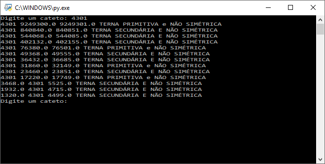 Programa na linguagem Python que calcula e classifica ternos pitagóricos Programa na linguagem Python que calcula e classifica ternos pitagóricos