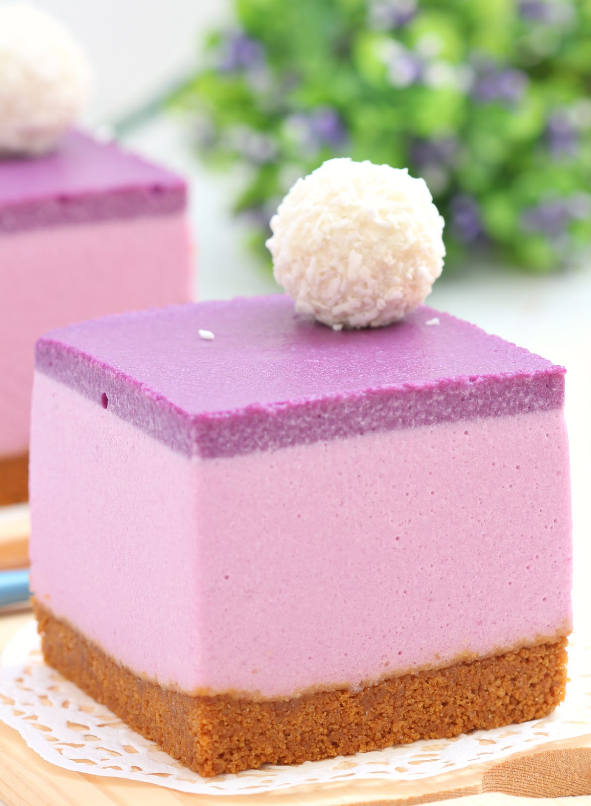 Nobake ( homemade ) ube halaya / ube jam mini cheesecakes with ube milk jelly topping