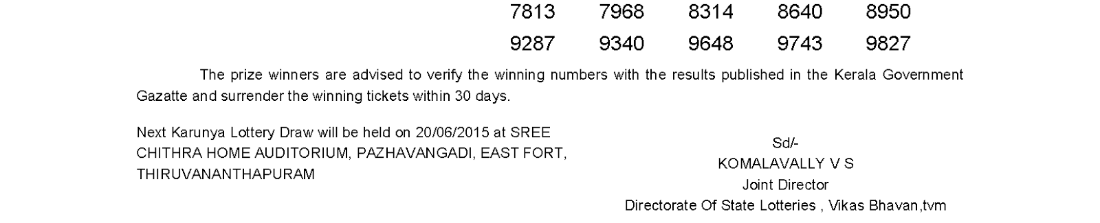 Karunya Lottery KR 194 Result 13-6-2015