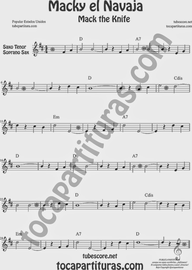  Macky el Navaja Partitura de Saxofón Soprano y Saxo Tenor Sheet Music for Soprano Sax and Tenor Saxophone Music Scores Mack the Knife de Kurt Weill 