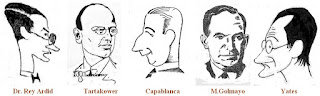 Caricaturas de los ajedrecistas Dr. Rey Ardid, Tartakower, Capablanca, M.Golmayo y Yates