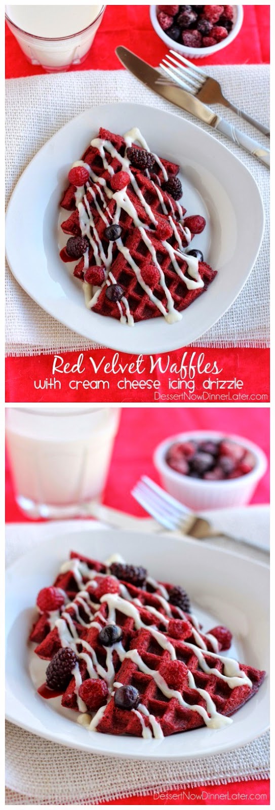 Red Velvet Waffles with Cream Cheese Icing Drizzle Chopped Jalapeno