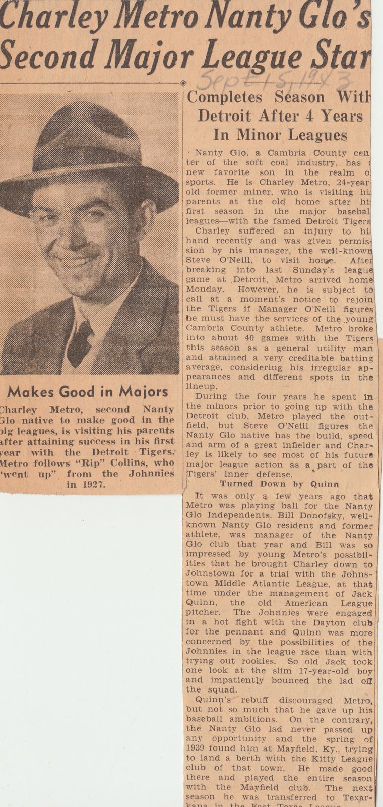 Vintage Johnstown Nanty Glo Professional Baseball Player