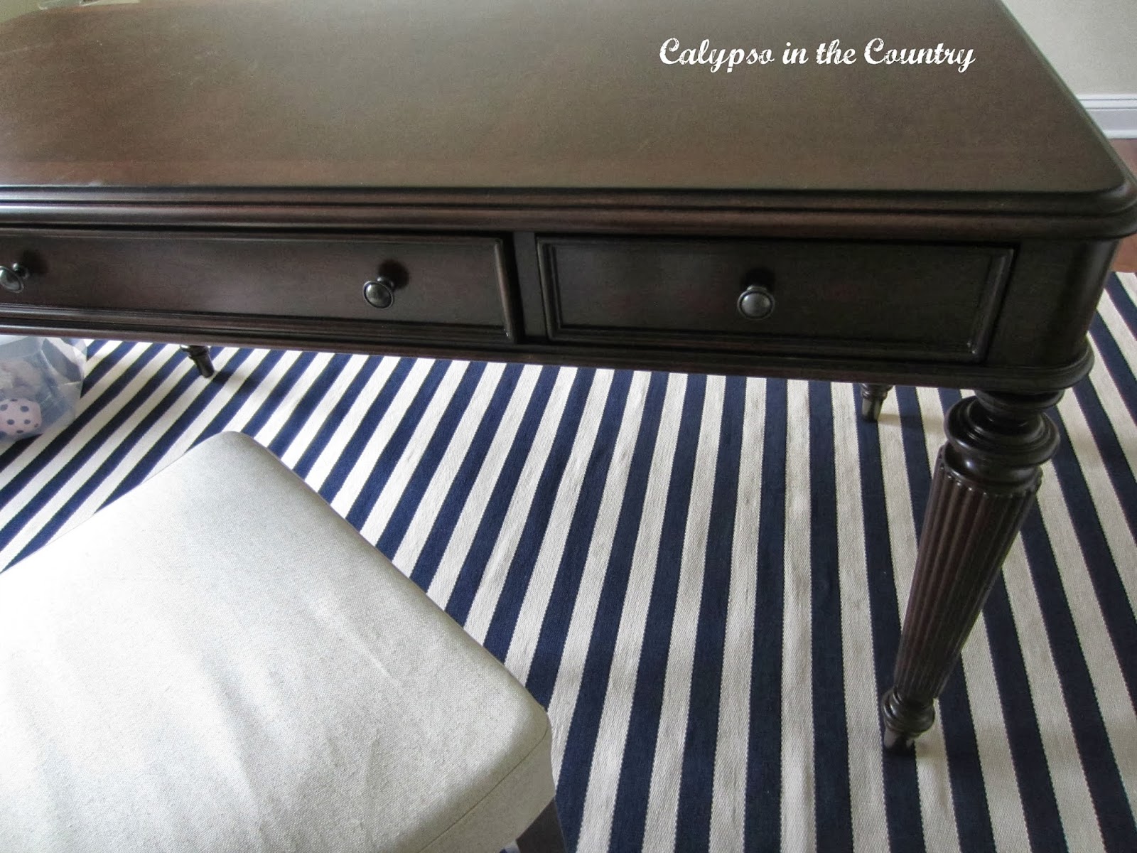 Desk and blue and white striped rug - inspired by Something's Gotta Give movie
