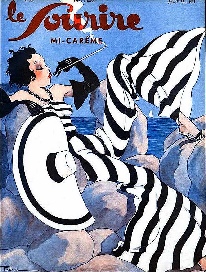 1933 French fashion 1933 French fashion magazine cover illustration of a striped sensual modern woman