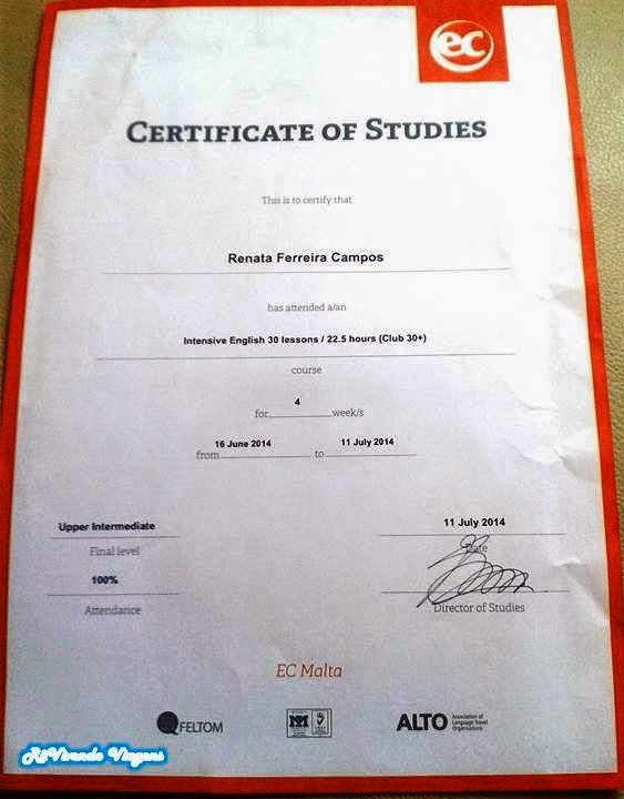 Certicado do curso Intercâmbio em Malta