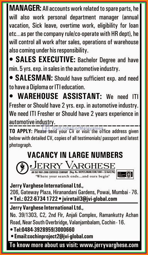 A Leading Automotive Company in UAE Job Vacancies Gulf Jobs for Malayalees