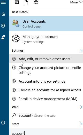 Windows 10, Start. Pour créer un nouvel utilisateur, tapez 'compte' dans la zone de recherche. Ensuite, cliquez sur "Ajouter, modifier ou supprimer d'autres utilisateurs". Windows 10, Start. Pour créer un nouvel utilisateur, tapez 'compte' dans la zone de recherche. Ensuite, cliquez sur "Ajouter, modifier ou supprimer d'autres utilisateurs".
