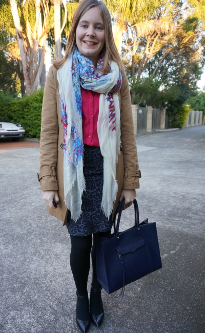 colourful winter layered office wear bright scarf sleeveless shirt jacquard pencil skirt