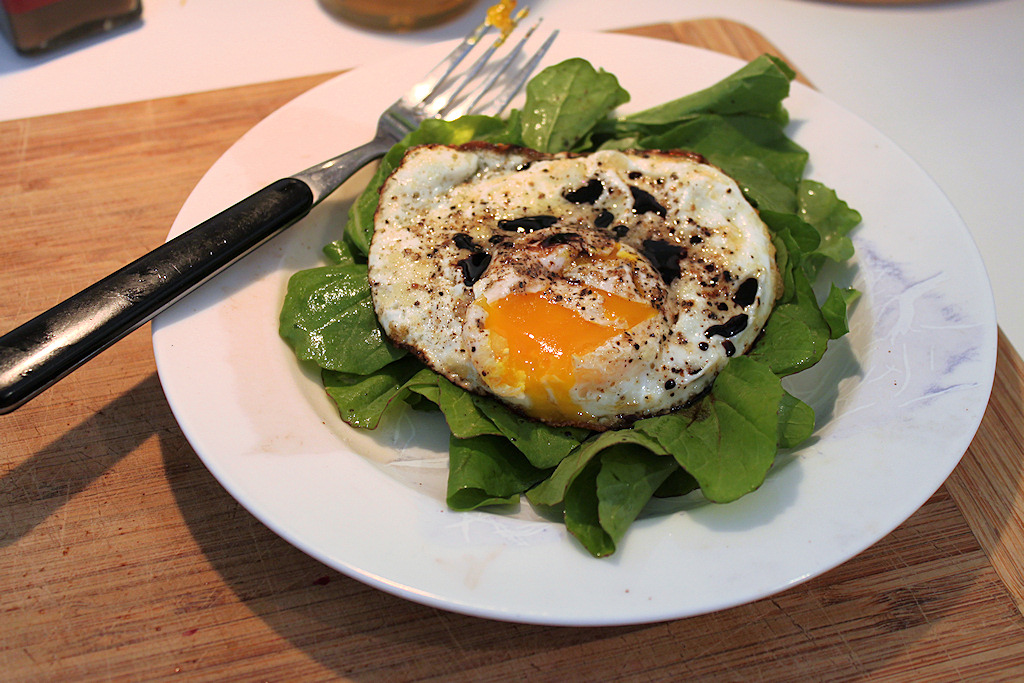 Riffin' in the Kitchen Olive OilFried Egg with a Balsamic Glaze on Arugula