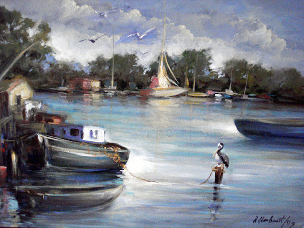 Marina con barcos y un pescador, Alberto Houellemont