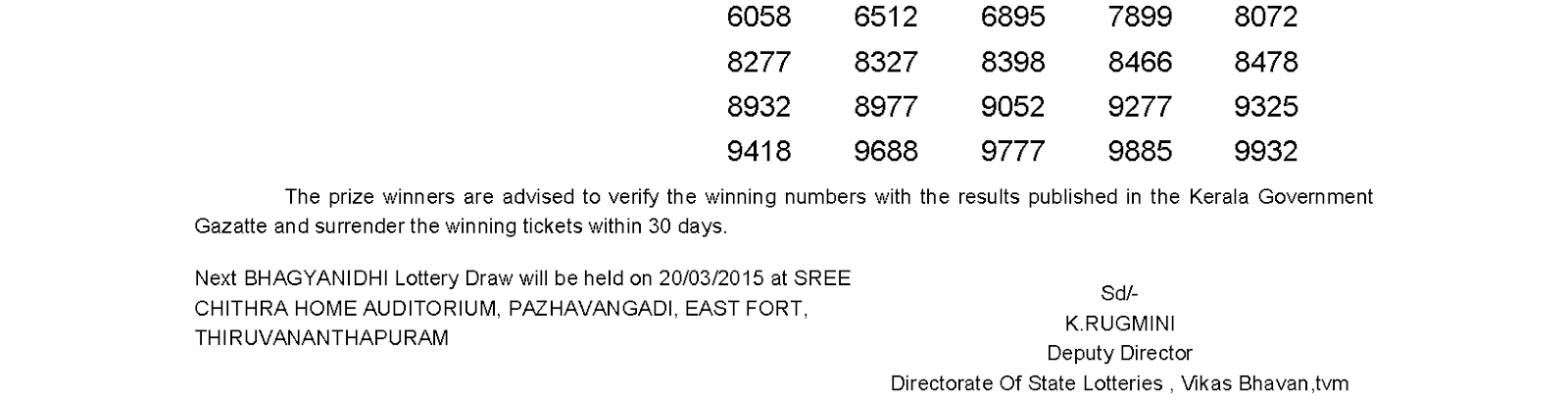 BHAGYANIDHI Lottery BN 179 Result 13-3-2015