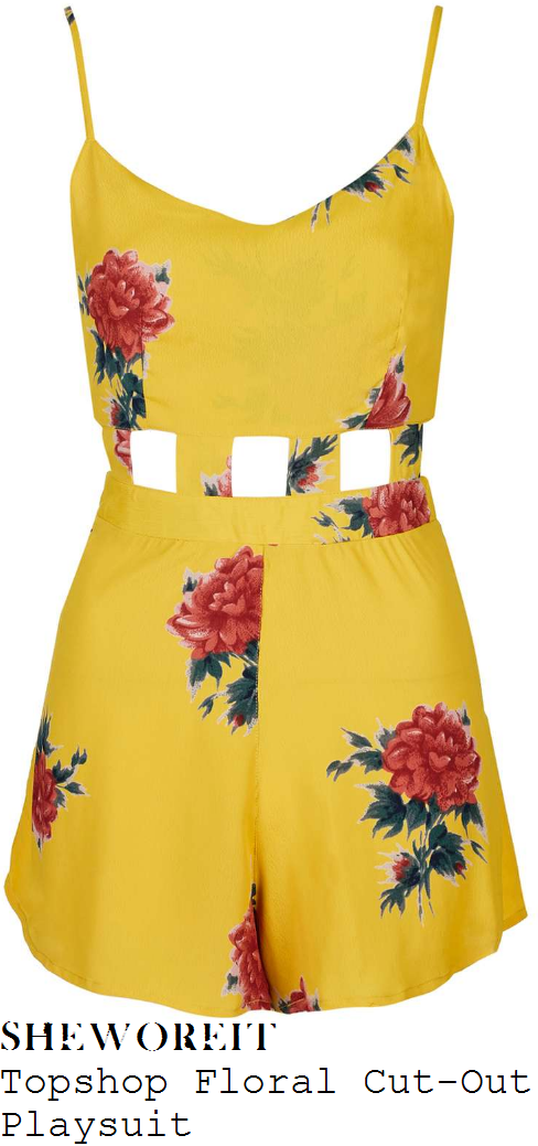 caroline-flack-topshop-yellow-red-green-floral-print-sleeveless-cut-out-waist-detail-playsuit