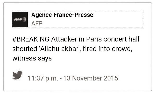 Framing berita AFP dalam akun Twitternya, mengutip adanya teriakan "Allahu Akbar."