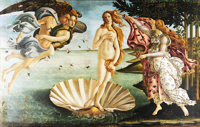  The Birth of Venus - Sandro Botticelli, c. 1486, tempera on canvas. 172.5 cm × 278.9 cm - at the Uffizi, Florence