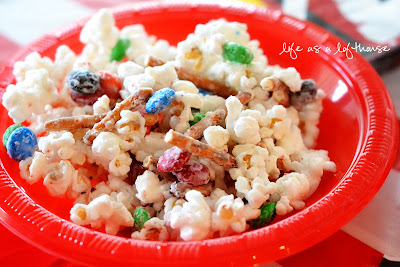 Party Popcorn is tender white popcorn that is covered in white chocolate and mixed with pretzels, M&M's and anything else you love. Life-in-the-Lofthouse.com