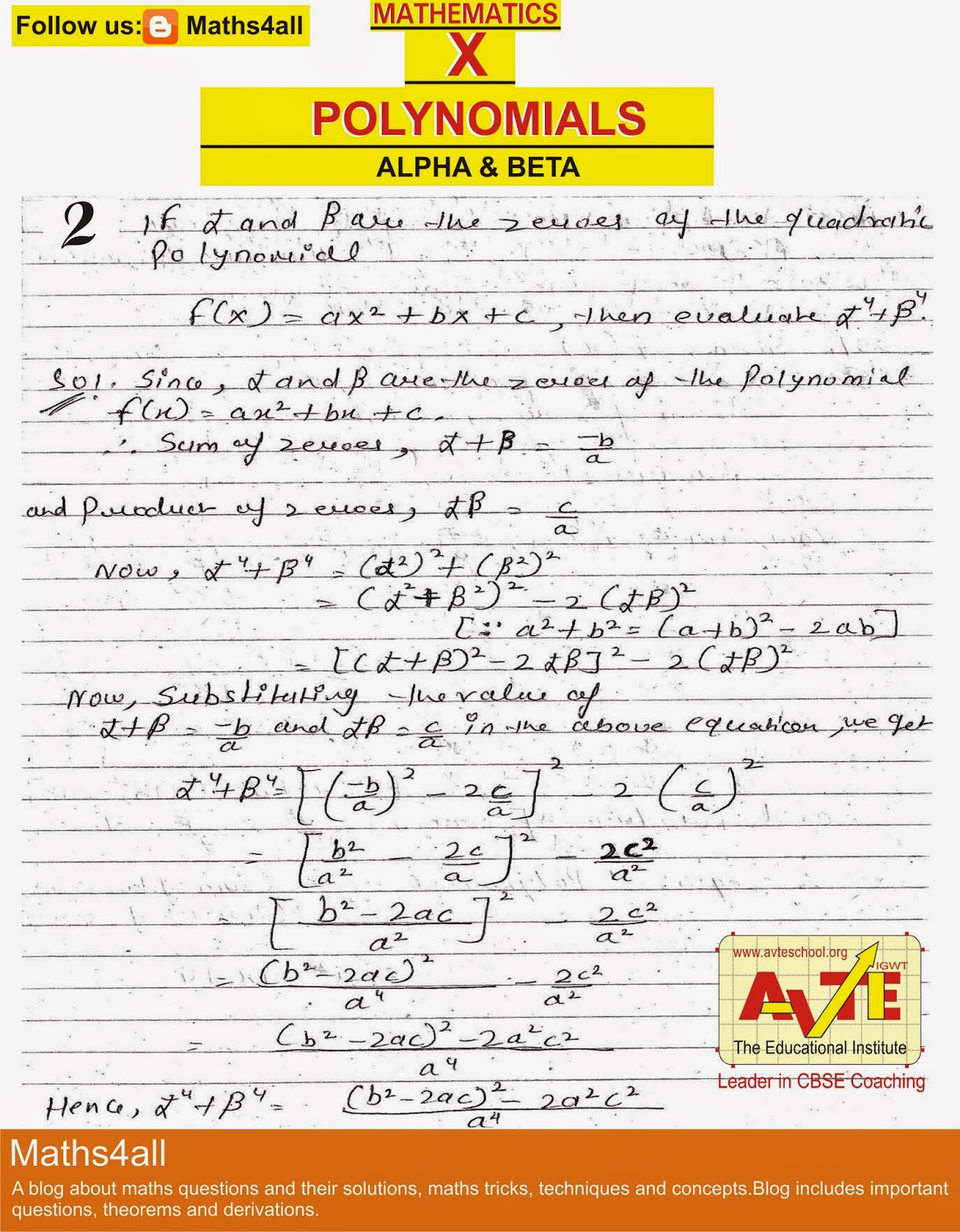 Class X Mathematics Polynomials Alpha and Beta Question 2