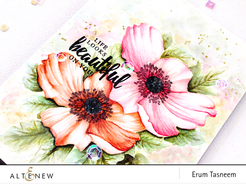 Altenew Build-A-Flower Anemone no line watercolouring using distress inks by Erum Tasneem - @pr0digy0