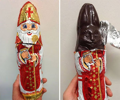 evil chocolate rabbit in genial bishops packaging LIDL chocolate repackaged as greek orthodox priest
