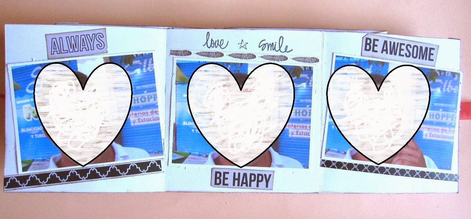 foto 10 decoración interior LOVE mini-album con tarjeta tríptico completamente abierta con fotos en su interior y decorada con sellos
