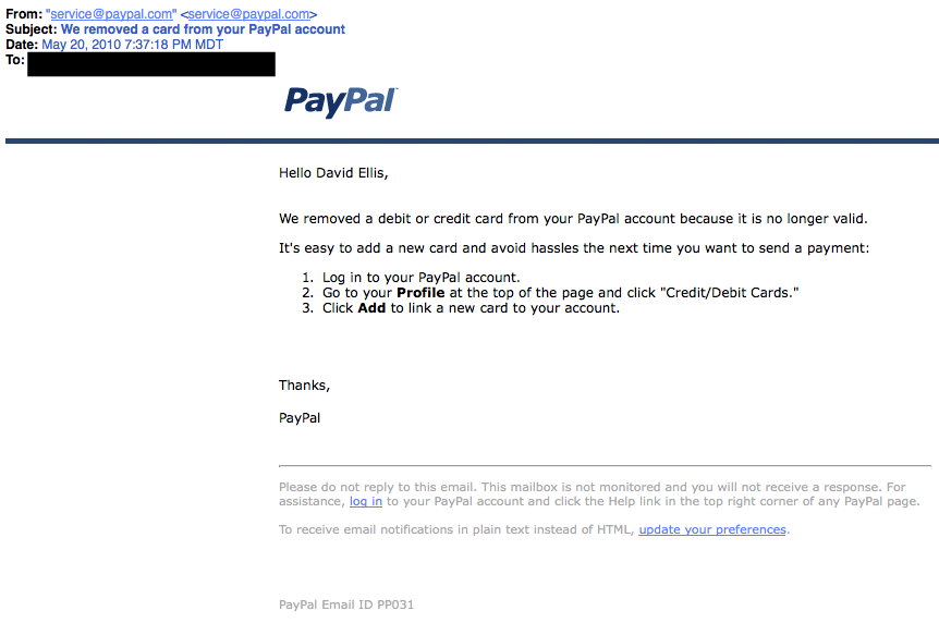 PayPal phishing example