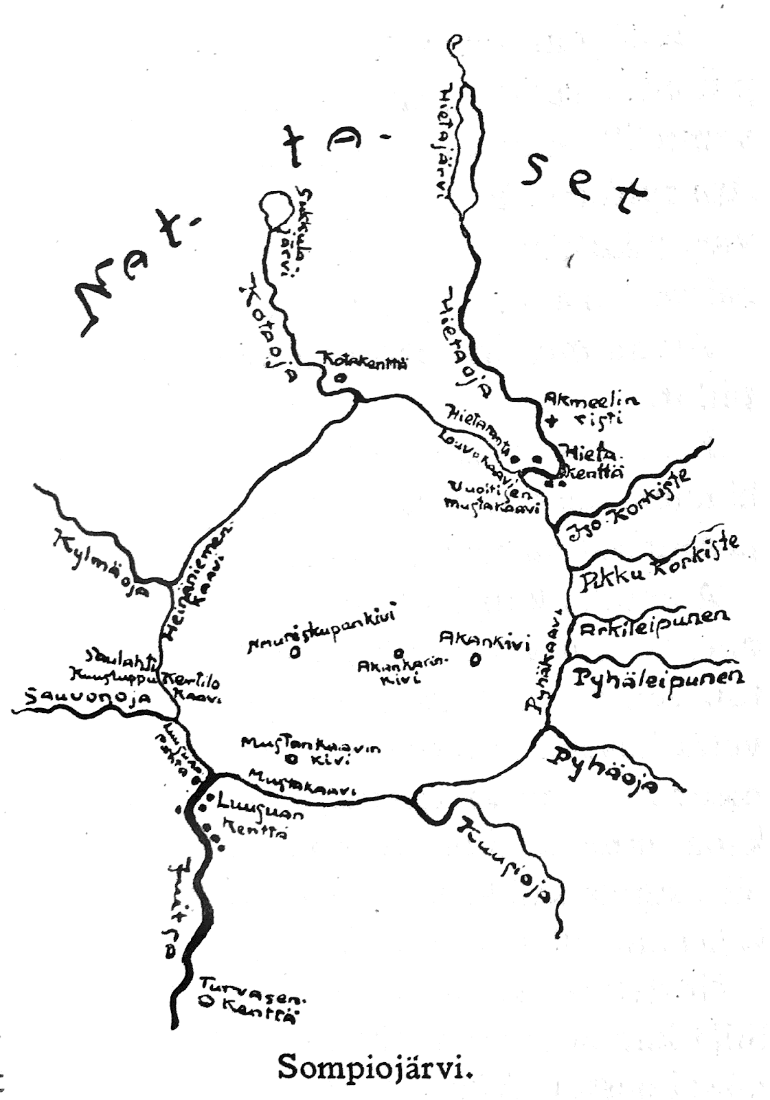Map of Nattaset and Sompio Lake in Samuli Paulaharju's book "Sompio"